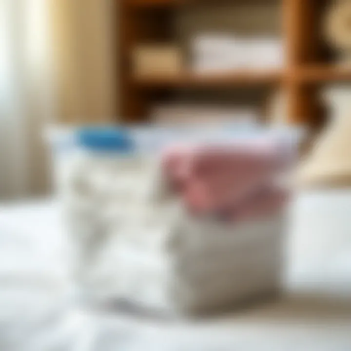 Clear plastic storage bin filled with linens