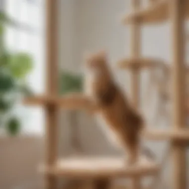 Happy large cat playing and exploring a multi-level cat tree