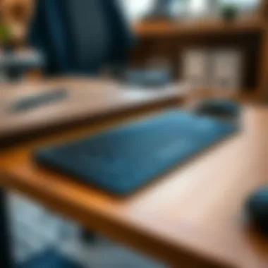 Close-up of an ergonomic roll-out keyboard integrated into a stylish desk