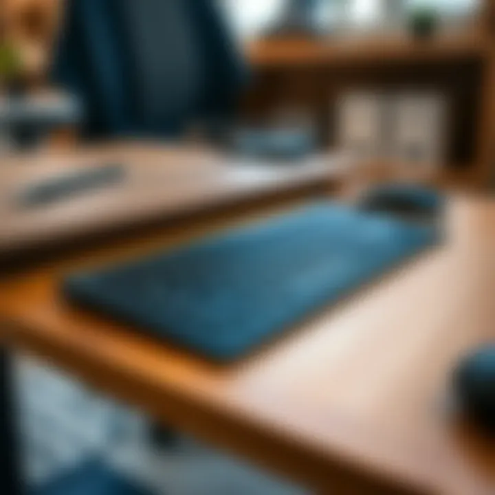 Close-up of an ergonomic roll-out keyboard integrated into a stylish desk
