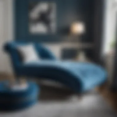 Modern Elegance: Blue Chaise Lounge Elegant blue chaise lounge in a modern living room setting