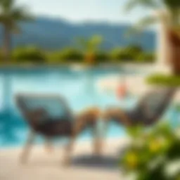 Elegant mesh pool chair set by a luxurious poolside