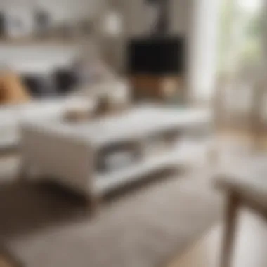 Modern living area featuring a white wood coffee table as a focal point