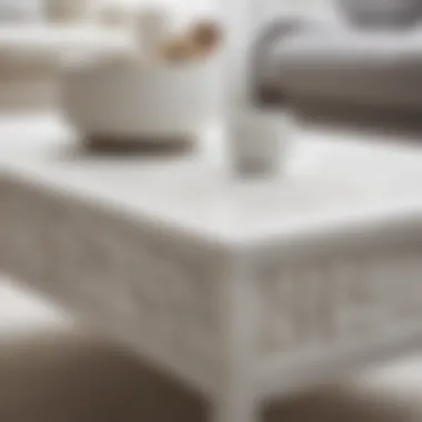 Close-up view of white wood coffee table showcasing its intricate texture and finish