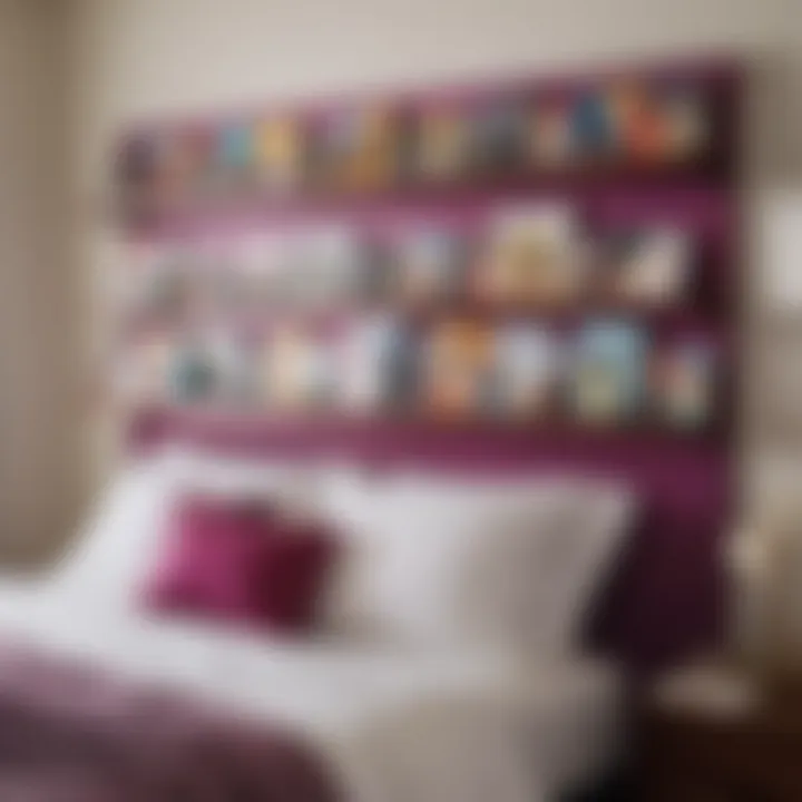 Colorful shelf headboard displaying books and art