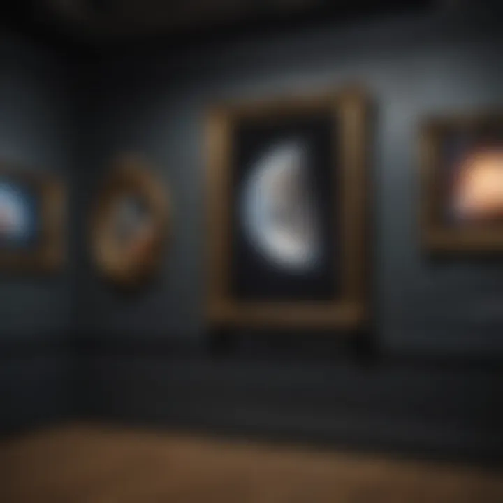 Historical evolution of space picture frames displayed in a gallery setting