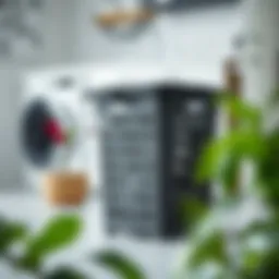 Durable plastic laundry basket in a modern laundry room setting