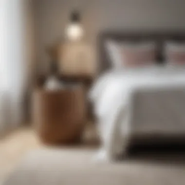 Modern Bedroom Featuring Decorative Floor Basket Rectangular floor basket as a decorative element in a modern bedroom