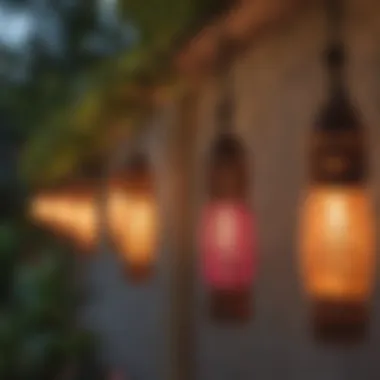 Close-up of vibrant tiki string lights illuminating a patio