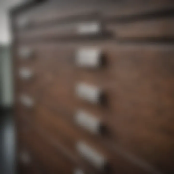 Close-up of the materials used in a two-drawer file cabinet