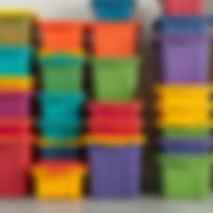 Colorful plastic storage containers arranged neatly