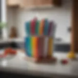 A vibrant array of colourful knife block sets displayed on a countertop, showcasing modern design.