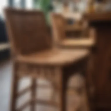 Close-up of wicker seat detailing on a bar stool