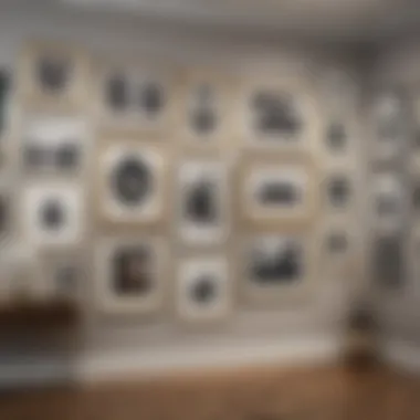 An elegant gallery wall featuring an arrangement of various frameless picture frames