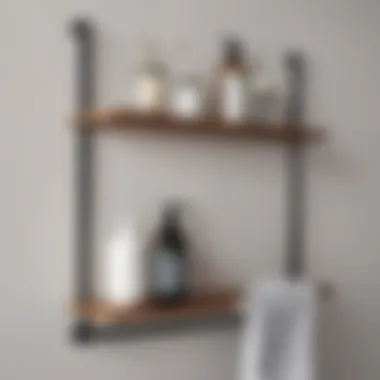 DIY bathroom shelving with metal brackets and wooden planks