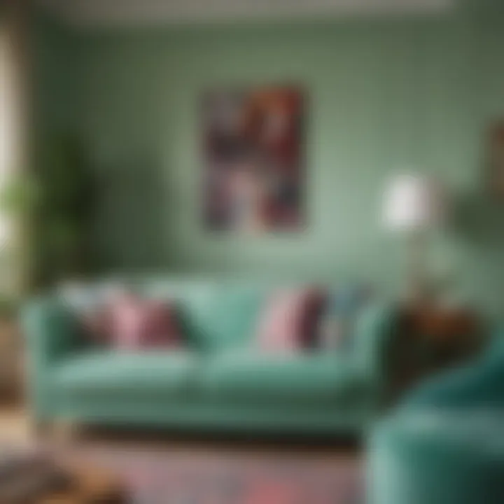 Colorful room featuring mint green sofa cover and vibrant accessories