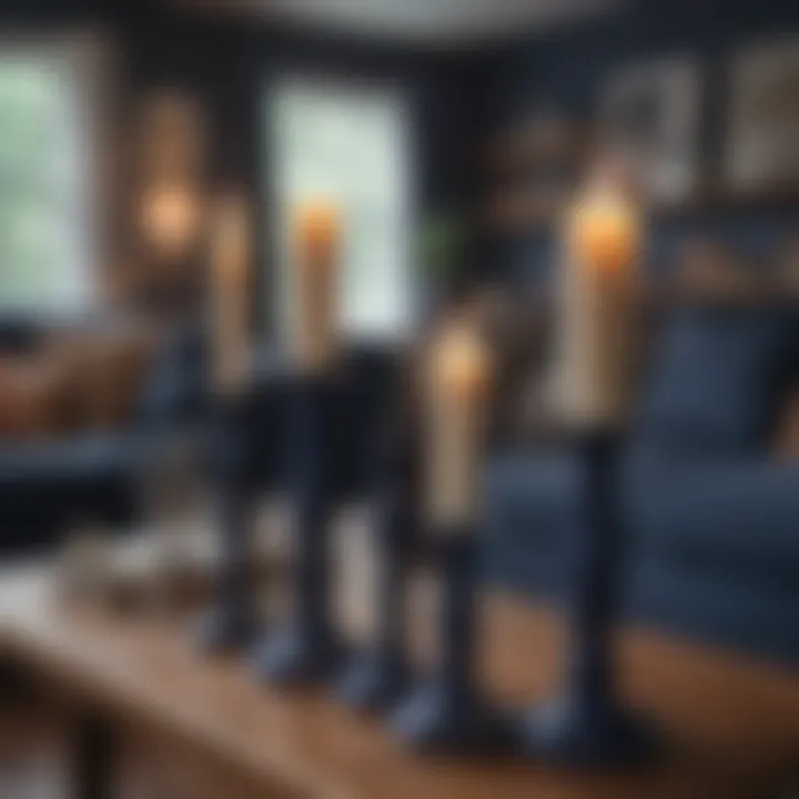 Cozy ambiance created by navy candlesticks in a living room