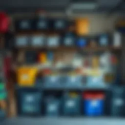 A well-organized garage with labeled bins and tools neatly arranged
