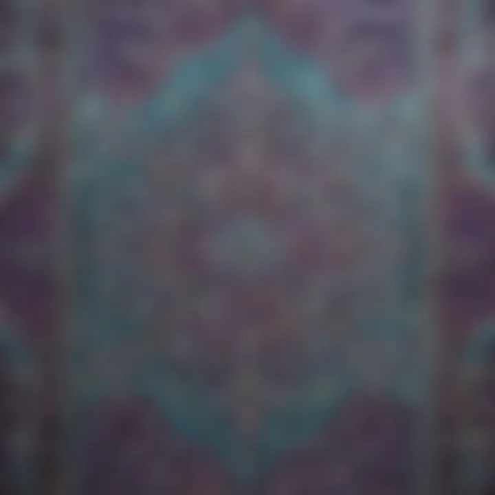 Close-up of intricate patterns on a purple and aqua rug