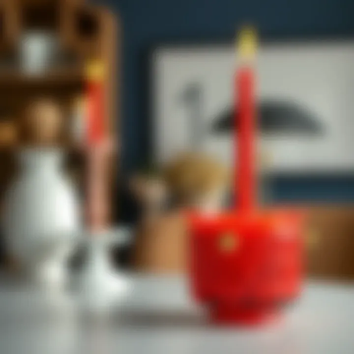 A close-up of a unique red pillar candle holder showcasing intricate design craftsmanship