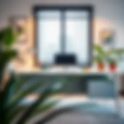 A modern office desk arrangement featuring stylish furnishings
